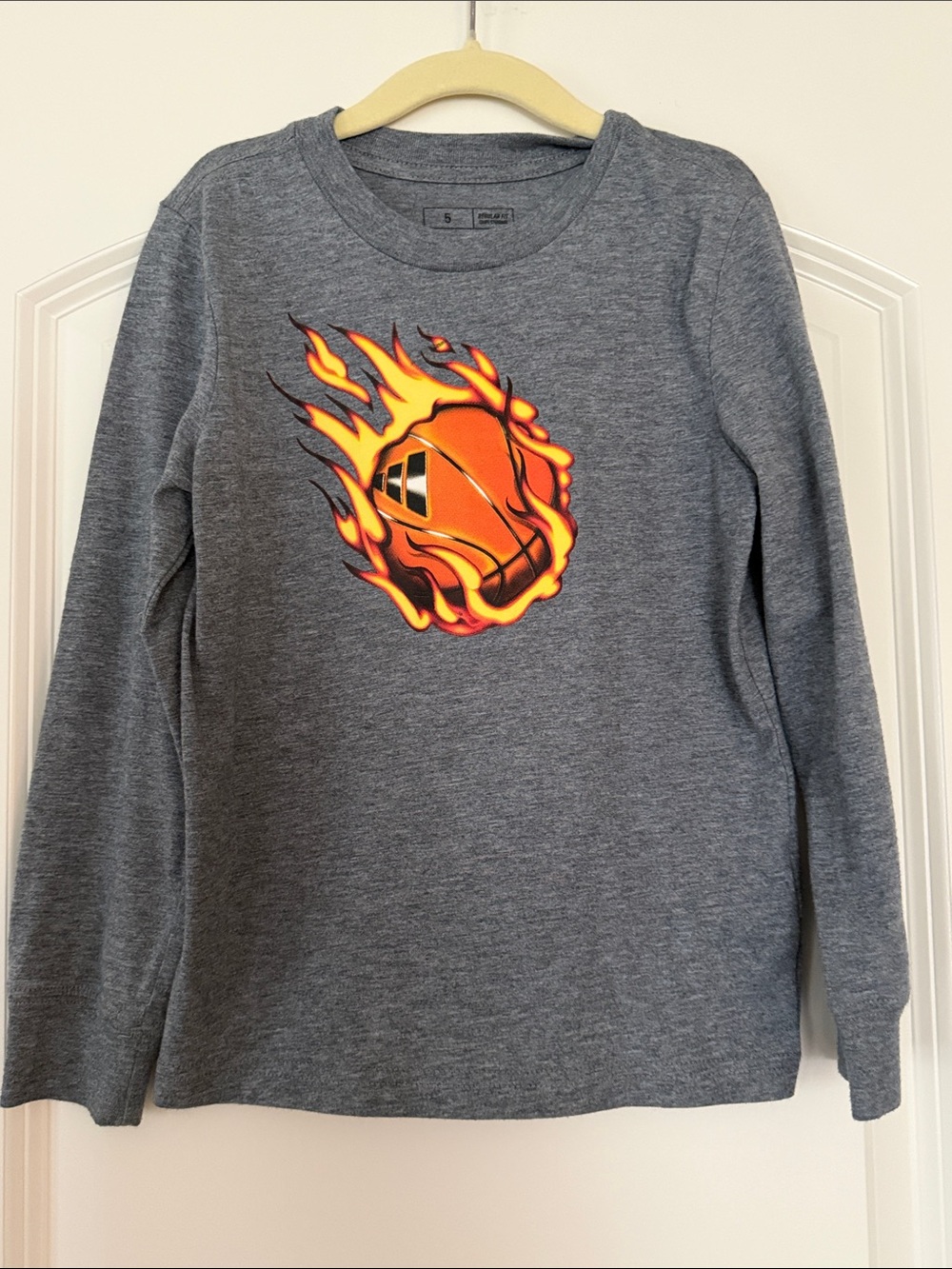 Adidas | (5) Long-Sleeve Kids Gray Shirt with Fiery Basketball Graphic